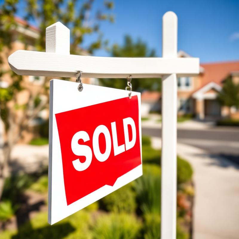 Real estate sold sign in front of a sunny home